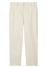 Beige, raka byxor i bomullsblandning. Har två sidofickor och bälteshällor. Slät yta med en liten lyster.