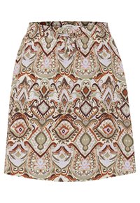 Elastic waist skirt made from lightweight fabric featuring an intricate multicolored paisley pattern in earth tones, with a slightly flared shape.