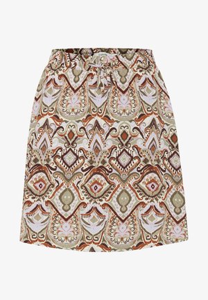Spódnica na elastycznej talii wykonana z lekkiego materiału, złożona z misternie kolorowego wzoru paisley w odcieniach ziemi, o lekko rozszerzającym się kształcie.
