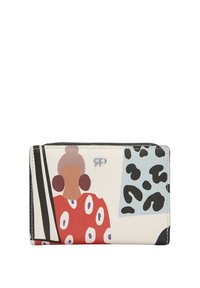 Portfel z stylizowaną kobietą z dużymi kolczykami i czerwoną wzorzystą bluzką, obok abstrakcyjnych czarnych i jasnoniebieskich wzorów zwierzęcych.