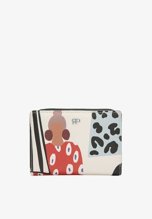 Portfel z stylizowaną kobietą z dużymi kolczykami i czerwoną wzorzystą bluzką, obok abstrakcyjnych czarnych i jasnoniebieskich wzorów zwierzęcych.