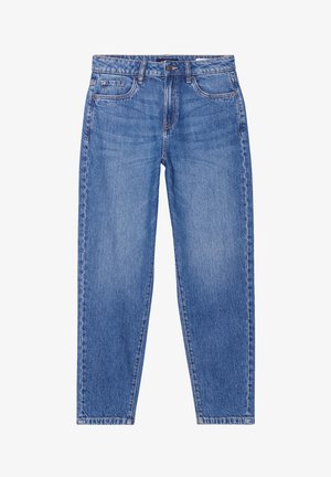 Hellblaue Denim-Jeans mit geradem Bein, hoher Taille, fünf Taschen und dezentem Verblassen. Mit einem klassischen Knopf- und Reißverschluss.