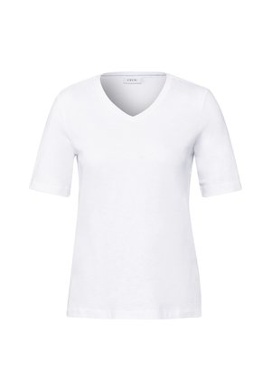 Witte V-hals T-shirt gemaakt van zachte stof met korte mouwen, voorzien van een eenvoudig ontwerp en rechte zoom met subtiele stiksels.