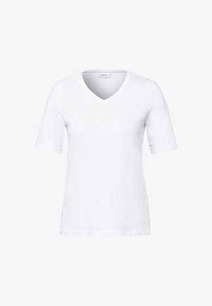 Weißes V-Ausschnitt-T-Shirt aus weichem Stoff mit kurzen Ärmeln, das ein schlichtes Design und einen geraden Saum mit subtilen Stitching-Details aufweist.