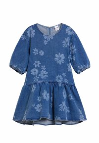 Denimkjole med blå bundfarve, med lyseblå blomsterprint, korte pufærmer og en indsamlet, udvidet nederdel. Lynlås bagpå.