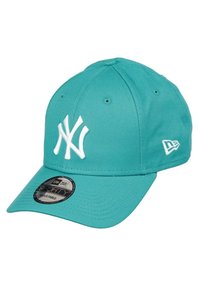 Türkise Baseballcap aus Baumwolle, mit einem weißen gestickten NY-Logo auf der Vorderseite, verstellbarem Riemen und geformtem Schirm.