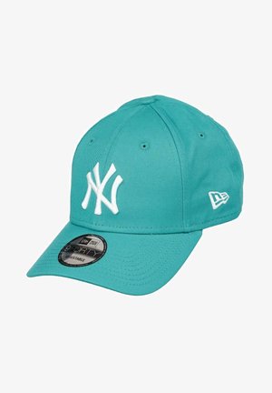 Türkise Baseballcap aus Baumwolle, mit einem weißen gestickten NY-Logo auf der Vorderseite, verstellbarem Riemen und geformtem Schirm.