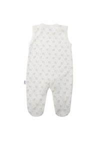 Weißer Baumwoll-Kinder Overall ohne Ärmel mit einem sich wiederholenden Muster aus kleinen Tiergesichtern und leichten Akzentpunkten, mit weit geschnittenen Beinöffnungen.