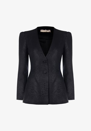 Schwarzes Blazer mit Krokodilleder-Optik, einreihiges Design, zwei Knöpfe und strukturierte Schultern. Glattes Material, taillierte Passform und Peplum-Form.