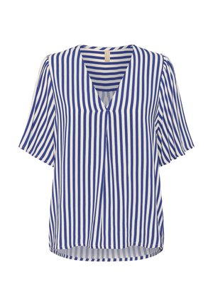 Modra in bela črtasta bluzica z V-izrezom, kratkimi rokavi in ukrivljenim robom. Narejena iz lahkotnega blaga z navpičnimi črtami.