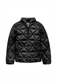 Schwarze gesteppte Daunenjacke mit diagonaler Rautensteppung, Reißverschluss vorne, seitlichen Reißverschlusstaschen und Stehkragen.