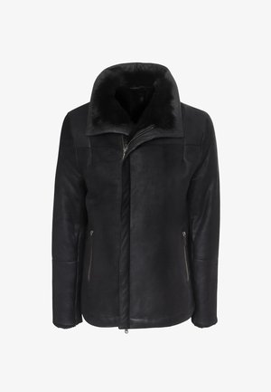 Black leather jacket with a high collar and fur lining. Features angled zip closure and side zip pockets. Smooth texture, tailored fit.