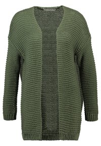 Cárdigan de punto en verde oliva con un diseño suelto y abierto; cuenta con un tejido texturizado y mangas largas con un ajuste relajado.