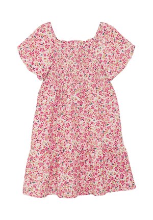 Rosa-weißes Blumenkleid mit Puffärmeln, quadratischem Ausschnitt und gerafftem Mieder, mit einem fließenden, gestuften Rock.