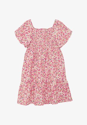 Rosa-weißes Blumenkleid mit Puffärmeln, quadratischem Ausschnitt und gerafftem Mieder, mit einem fließenden, gestuften Rock.