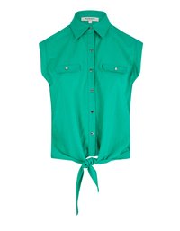 Groene shirt met korte mouwen, kraag, knoopsluiting, twee borstzakken en een geknoopte strikdetail aan de onderkant. Glad katoen.