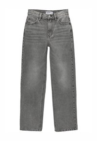 Jeans de mezclilla gris de talle alto con un diseño de pierna recta, que cuentan con cinco bolsillos, pasadores para cinturón y una sutil textura desgastada.