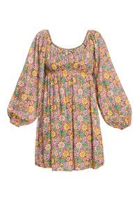Vestido floral con escote cuadrado, mangas abullonadas y cintura ajustada. La tela presenta un patrón multicolor de flores sobre un fondo claro.