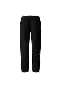 Black cargo pants made from a lightweight material. Features two side pockets, a relaxed fit, and a logo on the lower leg.