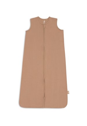 Mouwloos beige babymummie met een rits aan de voorkant en een ronde halslijn, gemaakt van gestructureerde stof voor warmte en comfort.