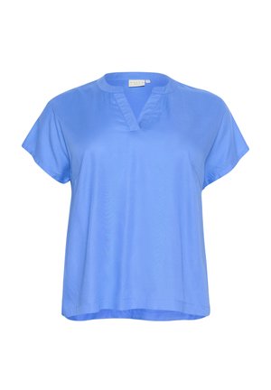 Gaišzils īsām piedurknēm topiņš, izgatavots no gludas auduma ar brīvu griezumu, ar V veida kakla izgriezumu un smalkiem izšuvumiem.