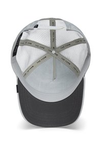 Cappellino da baseball grigio e bianco con visiera curva, schienale in rete e dettagli interni con la scritta "THE FARM."