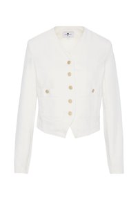Witte cropped jas van lichtgewicht stof, met een V-hals, zes houten knopen en twee opgestikte zakken aan de voorkant.