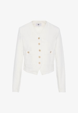 Witte cropped jas van lichtgewicht stof, met een V-hals, zes houten knopen en twee opgestikte zakken aan de voorkant.