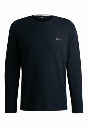 Langärmliges, navyblaues, geripptes T-Shirt mit Rundhalsausschnitt und kleinem „BOSS“-Logo in heller Farbe auf der Brust. Weiche Textur. Einfaches Design.