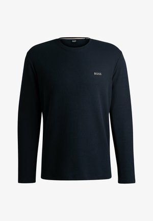 Camiseta de manga longa azul-marinho em tecido canelado com decote redondo e pequeno logótipo "BOSS" em cor clara no peito. Textura suave. Design básico.