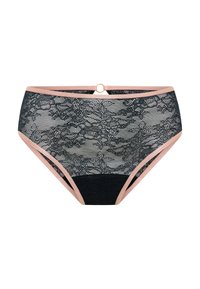 Culotte en dentelle avec un motif floral noir et une bordure nude. Présente un détail en forme d'anneau doré à l'arrière. Texture douce et design taille haute.