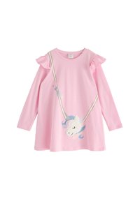 Abito lungo a maniche in cotone morbido, di colore rosa, con dettagli in arricciatura sulle spalle e una stampa di un unicorno con criniera colorata e stelle.