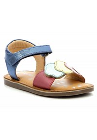 Sandal in pelle multicolore con una cinghia blu, dettagli in rosa, rosso e giallo, suola piatta e chiusura alla caviglia regolabile.