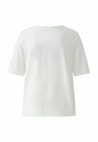 Ein schlichtes, weißes T-Shirt mit kurzen Ärmeln, das von hinten gezeigt wird. Es hat einen runden Halsausschnitt und einen geraden Saum.