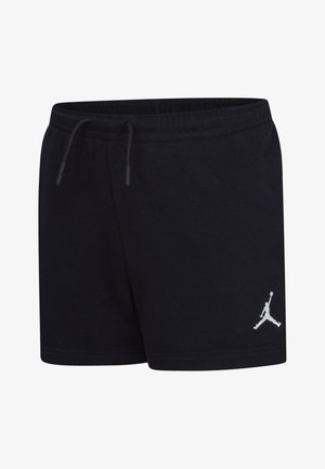 Pantalones cortos de algodón negros con cintura elástica, cordón ajustable y un logo blanco de Air Jordan en la parte inferior derecha.