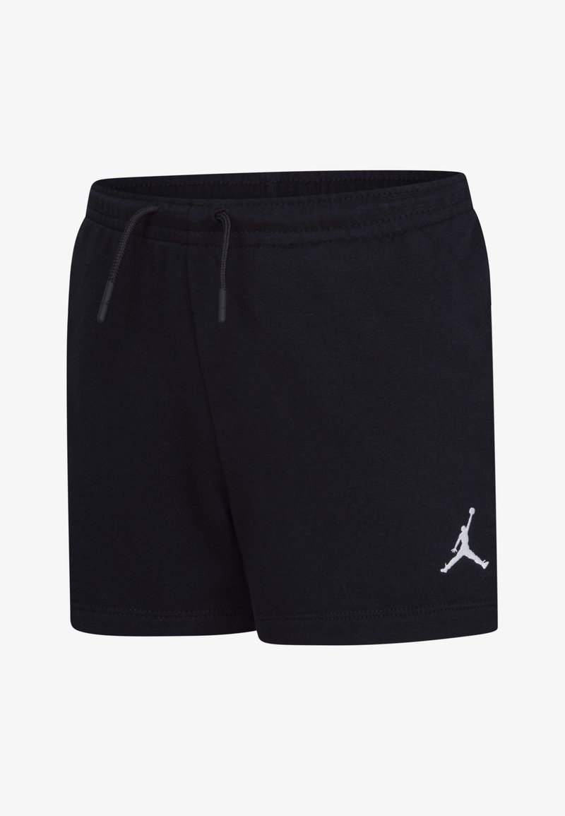 Melni kokvilnas šorti ar elastīgu jostu, regulējamu auklu un baltu Air Jordan logo apakšējā labajā pusē.