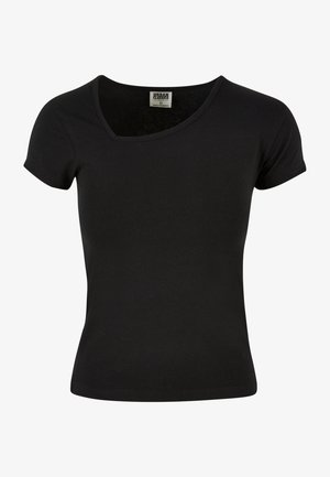 Black short-sleeve T-shirt in a fitted design with a wide neckline. Made of soft, stretchy fabric, features a tag at the collar.