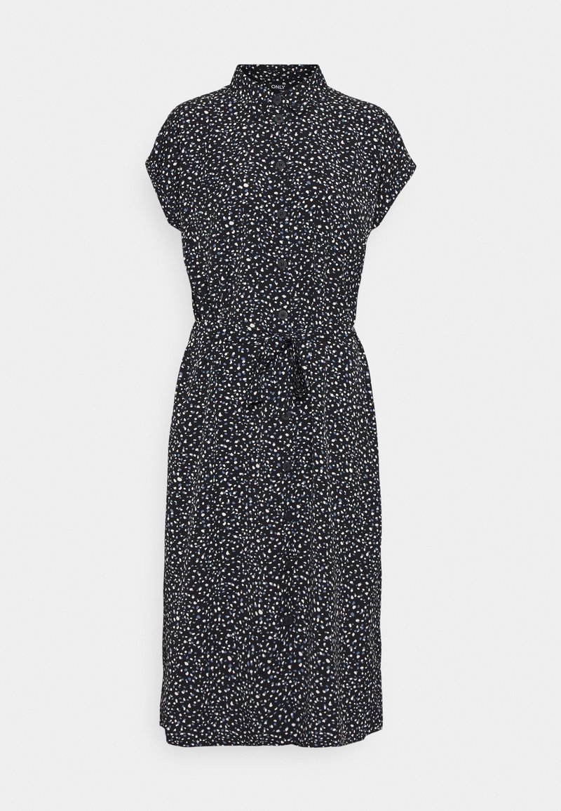 Robe bleu marine avec col, manches courtes et fermeture à boutons sur le devant. Présente un motif rayé et un détail de taille nouée.