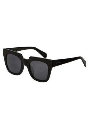 Black rectangular sunglasses with thick plastic frames and dark lenses. The arms are sleek with a glossy finish and minimal branding.