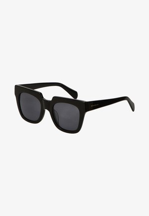 Black rectangular sunglasses with thick plastic frames and dark lenses. The arms are sleek with a glossy finish and minimal branding.