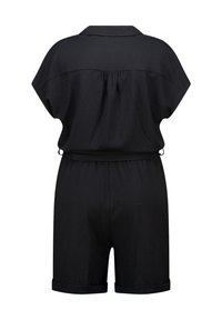 Zwarte romper met een kraaghals, korte opgerolde mouwen, elastische taille en een gestructureerde stof. Heeft een relaxte pasvorm en een rugplooidetail.