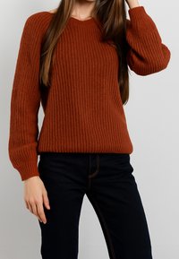 Maglione di colore ruggine in lavorazione a maglia, con scollo a V e texture a coste. Presenta maniche lunghe e leggermente a sbuffo, e una vestibilità comoda. Abbinato a jeans scuri.