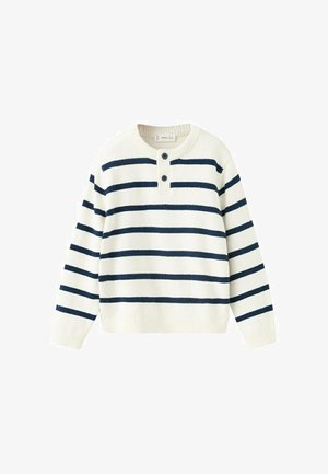 Biely pletený sveter s dlhými rukávmi, horizontálnymi námornícky modrými pruhmi a dvoma tmavými gombíkmi pod okrúhlym výstrihom.