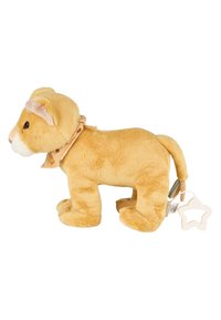 Plush lion toy in pale yellow, featuring a soft texture and a light brown scarf with spots. Includes a star-shaped teether attached.