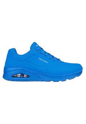 Blue Skechers sneaker with a smooth synthetic upper, lace-up design, perforated accents, and a visible air cushioning unit in the sole.