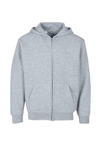 Felpa grigia con zip realizzata in morbido tessuto in pile, con zip frontale, due tasche laterali e cappuccio con cordino.
