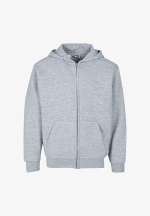 Graue Zip-Pulloverjacke aus weichem Fleece-Stoff, mit einem Frontreißverschluss, zwei Seiten Taschen und einer Kapuze mit Zugband.