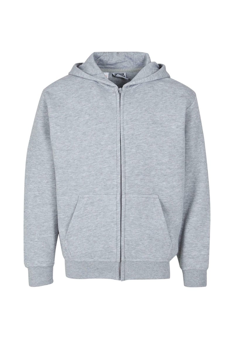 Felpa grigia con zip realizzata in morbido tessuto in pile, con zip frontale, due tasche laterali e cappuccio con cordino.