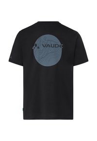 T-shirt nera a maniche corte con un cerchio topografico blu e logo "VAUDE" sulla schiena, piccolo logo sulla manica sinistra.