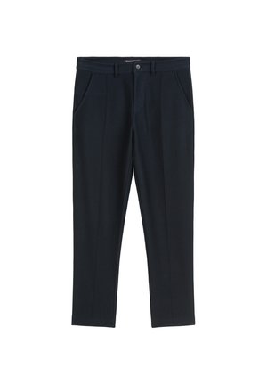Navy blue trousers made of smooth fabric, featuring four pockets, belt loops, and a front zipper with a button closure.